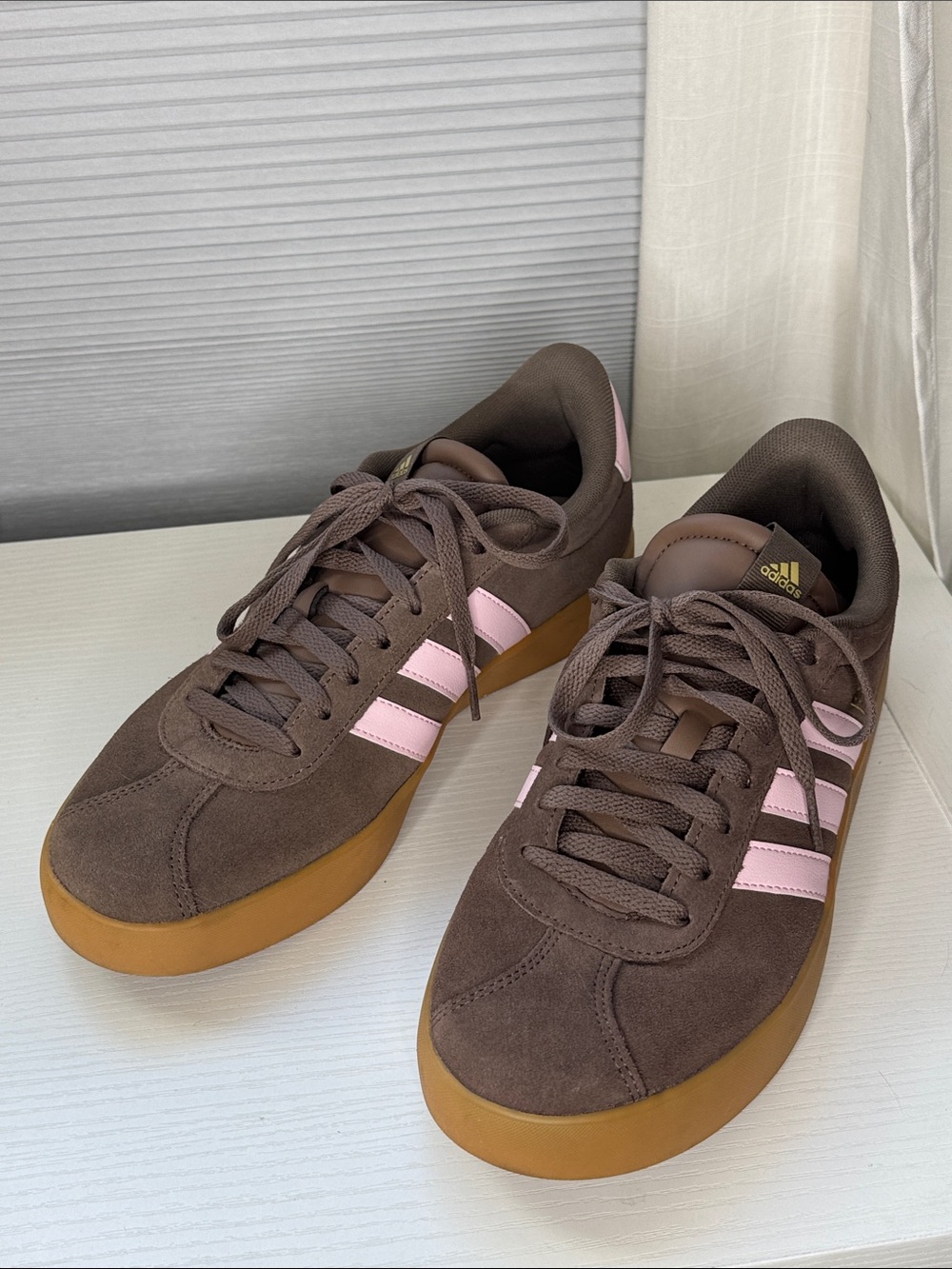 adidas Brown Suede Sneakers with Pink Stripes and Gum Sole